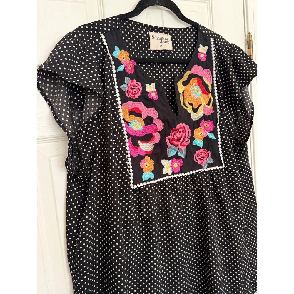 Savanna Jane Embroidered Polka Dot Boho Blouse Black 2X Festival Eclectic